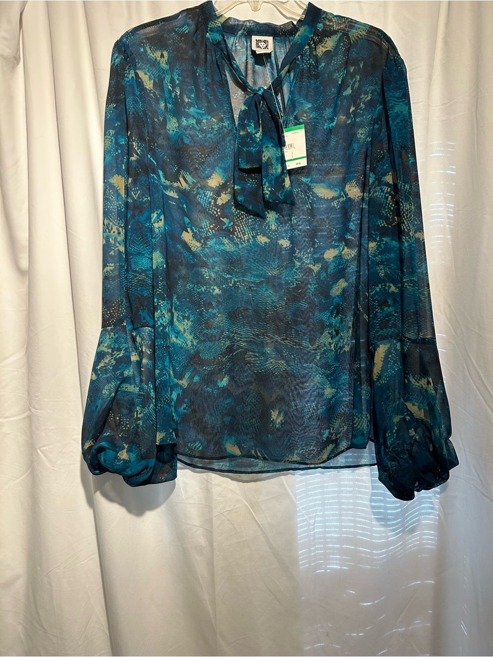 Anne Klein Bark Multi Sheer Tie Neck Blouse Size L NWT